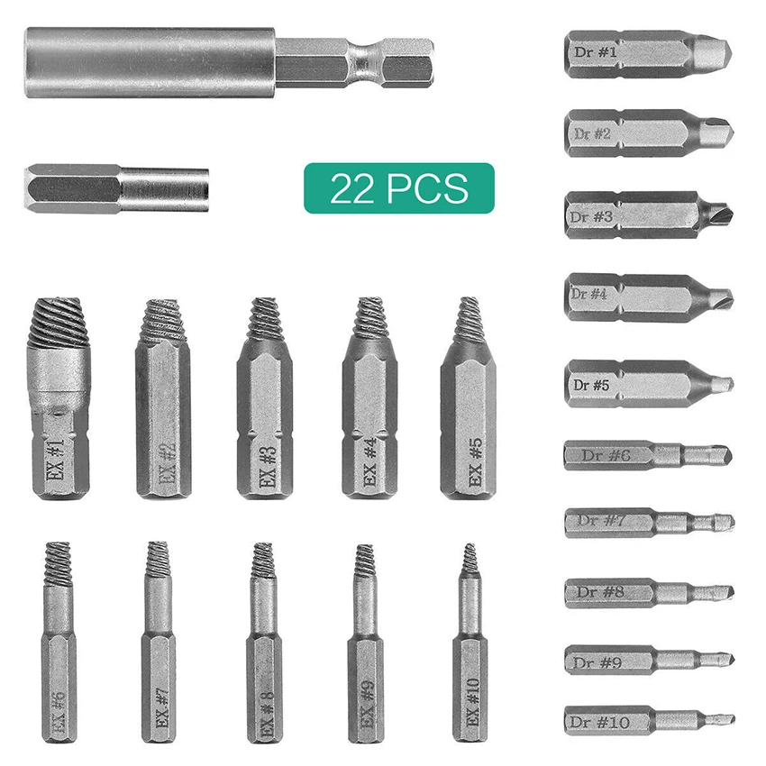 22 pz/set estrattore di viti/Set di punte da trapano con supporto per punte, adattatore per presa, gambo da 6.35mm e 4mm, estrattore di viti rotte