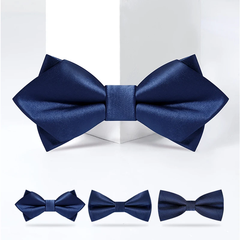 Designer Brand Fashion Two Layer Bowtie For Men High Quality Groom Wedding Party Butterfly Bow Tie Set Pocket Gift Box Navy Blue