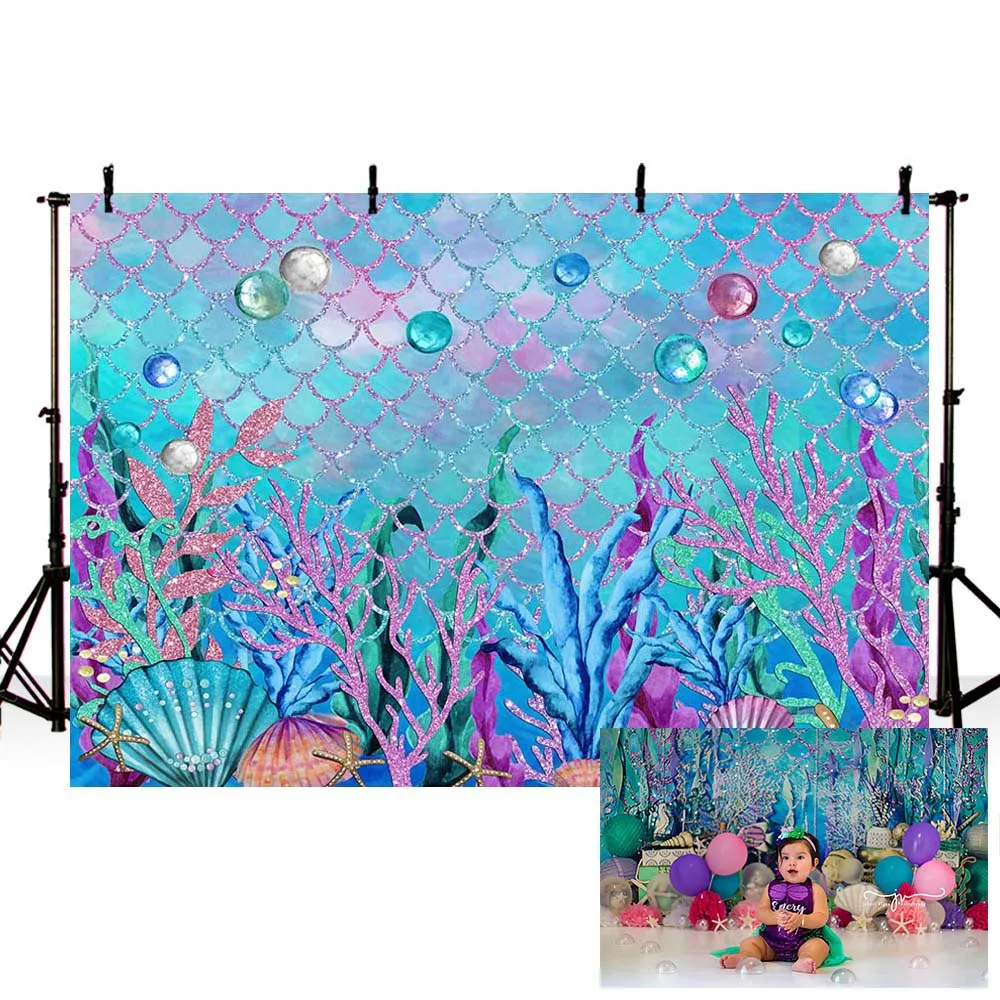 

Mehofond Photography Backdrop Mermaid Themed Birthday Party Undersea Fish Scale Banner Baby Shower Photo Background Photocall