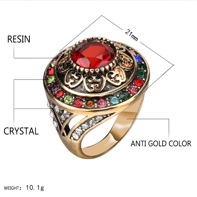 BUCOMEOI Royal Style Colorful Crystal Turkish Wide Ring Turkey Flower Round Resin Party Jewelry Vintage Lady Finger Ring