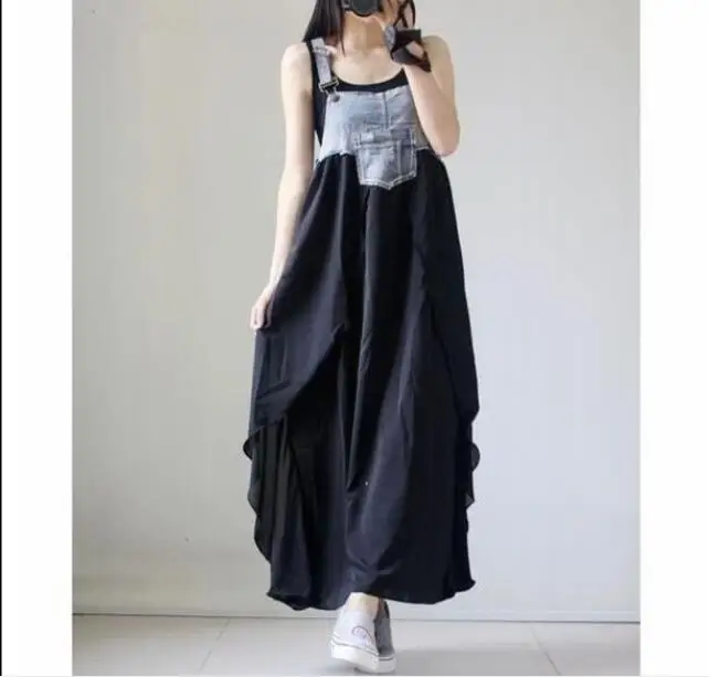 Fashion New SPRING classic Women Summer Braces Dress Denim Patchwork Balck Dress Bottom High Waist Loose Casual Beach Dress