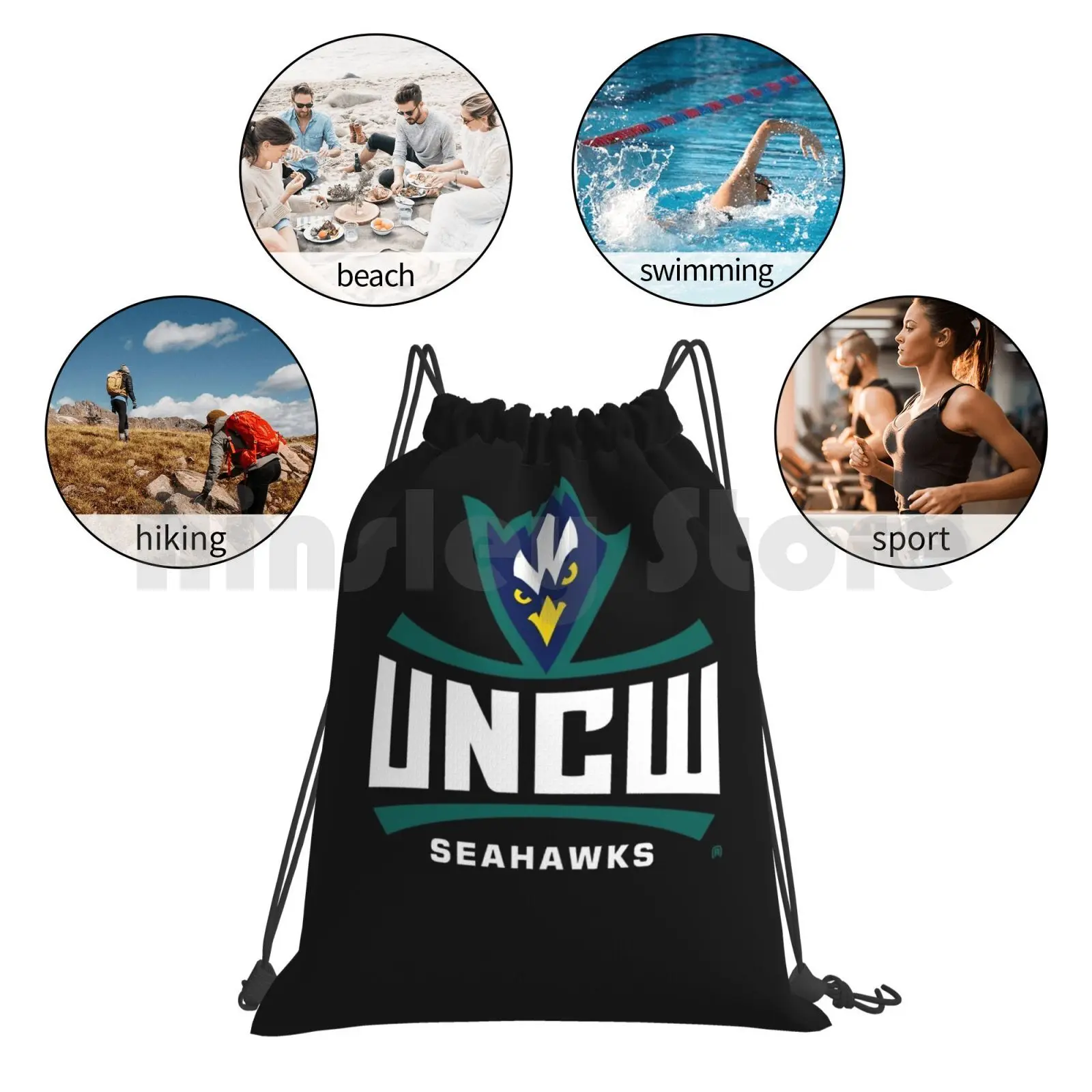 Uncw Seahawks mochila para mulheres, saco de cordão, esportes de beisebol, futebol, softball, equitação, escalada, ginásio, suor, 014