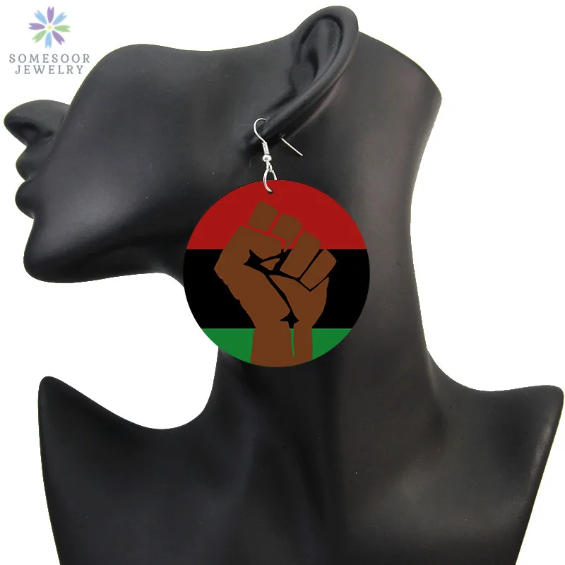 SOMESOOR Black Powerful Fist Design Print African Wooden Drop Earrings Melanin Poppin Dope Loops Dangle Jewelry For Women Gifts