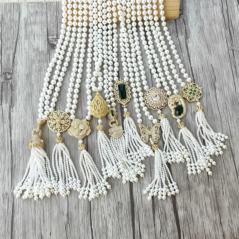 

1Pcs Handmade Golden Charm Pendant CZ Micro Pave Connector, Shell Pearl Beads Chain Tassels Women Jewelry Necklace