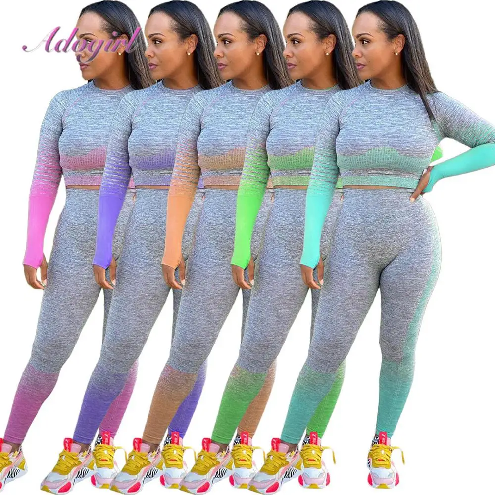 Women Workout Two Piece Sets Gradient Long Sleeve Crop Tops Sweatshirt Joggers Pants Suit Set Outfit Sporty Fitness Tracksuit