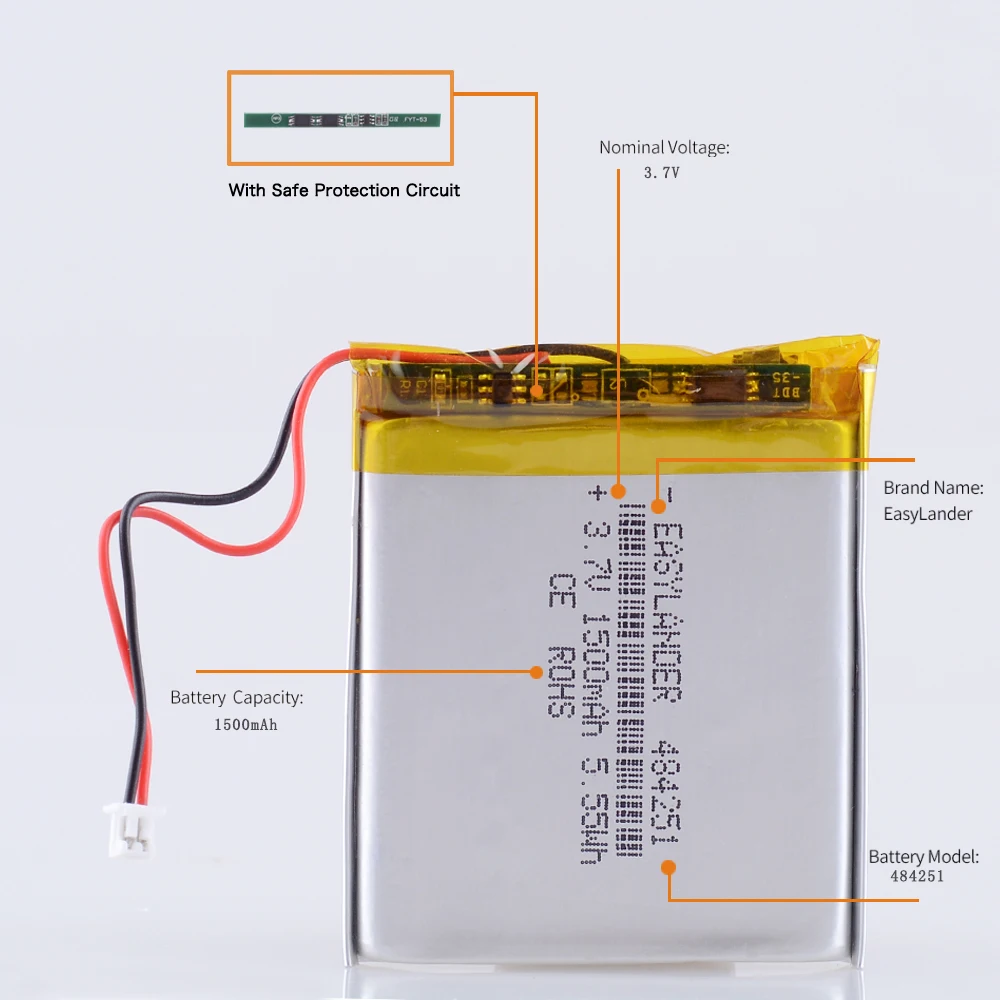 3.7 فولت 1500 مللي أمبير 484251   JST 1.25mm 2pin بطارية ليثيوم أيون ليثيوم بوليمر قابلة للشحن