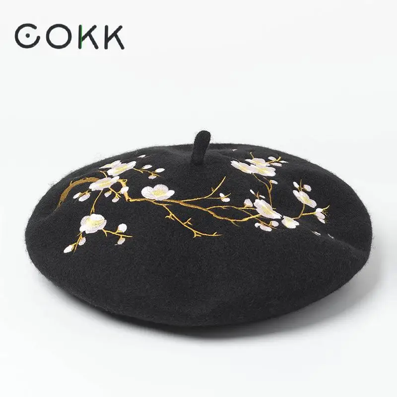 Embroidered Flower Wool Beret Korean Autumn Winter Hats For Women Ladies Painter Cap Vintage Bonnet Beanie Chapeau Femme Gorras