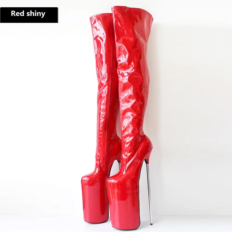 Women Thigh High Boots,Men Night Club Dancing Shoes,Fetish Cosplay Booties,Side Zip Long Botas,30cm Stiletto Metal Heel,RED,Blck