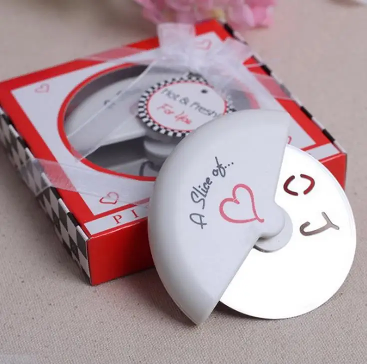 

200 pcs Pizza Knife Baking Cutter A Slice of Love Stainless Steel Pizza Cutter Wedding Gifts Favors Kitchen Accessories SN376