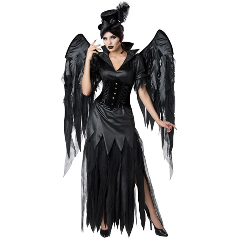 

Extravagant Black Devil Cosplay Costume For Women Vampire Dark Angel Dress With Wings Adult classic Halloween party fancy dress