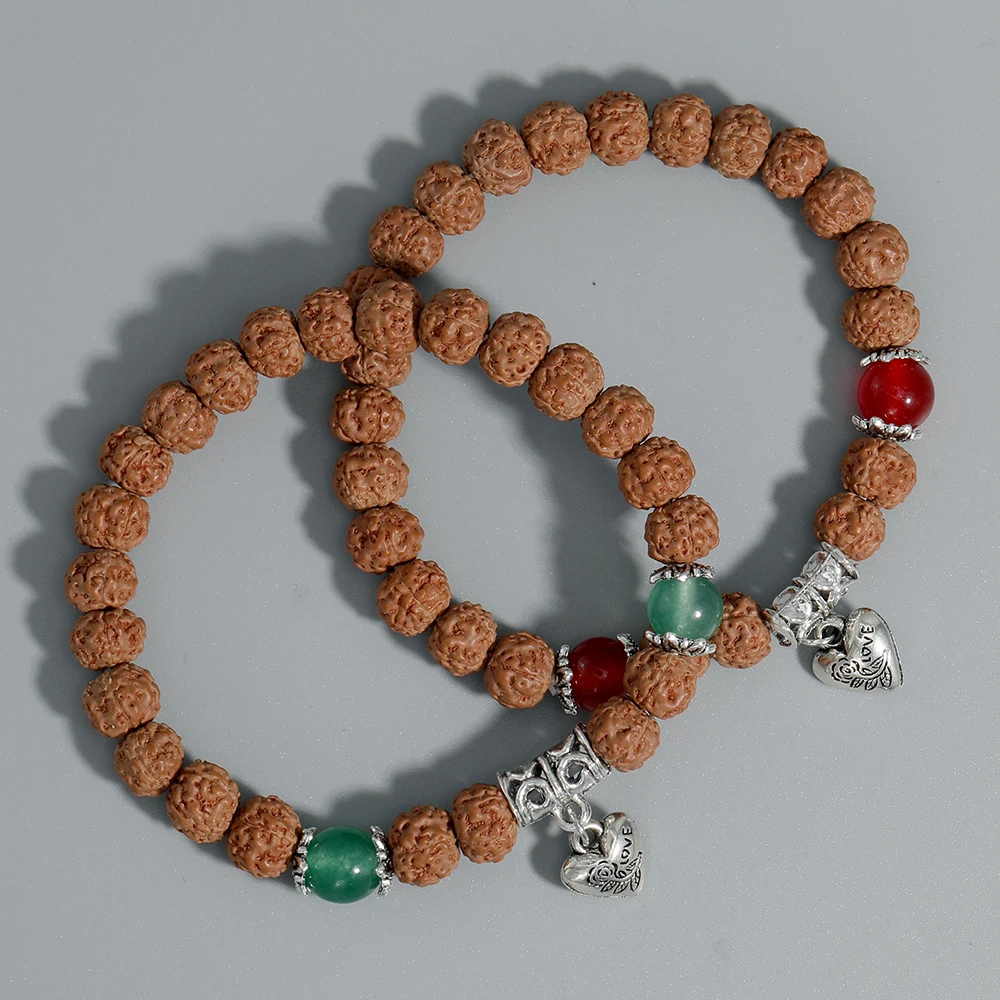 7mm Rudraksha Red and Green Natural Stone Couple Love Elastic Rope Bracelet Meditation Charm Fashion Semi-Precious  Jewelry