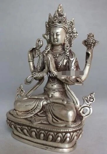 Tibet Buddhism Silver Bodhisattva Four-armed Avalokiteshvara Buddha Statue