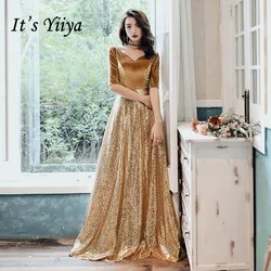 It's Yiiya Evening Dress Long Gold Sequins Velour Evening Dresses For Women Elegant Formal Gowns Plus Size robe de soiree LF144