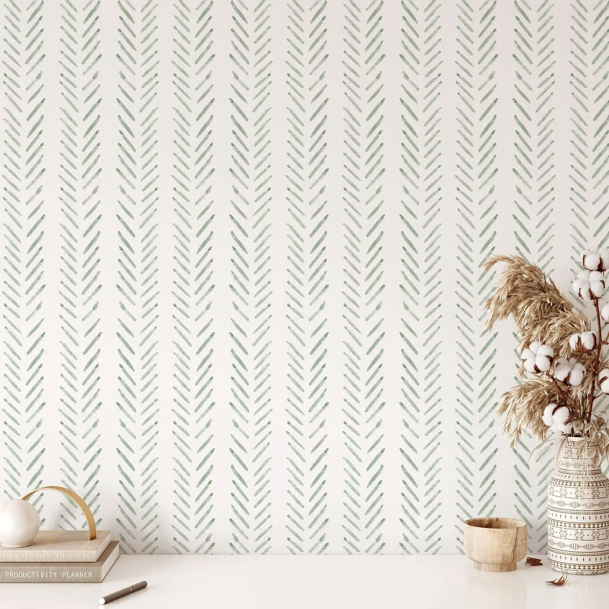 Modern Hand Drawn herringbone wallpaper in light Green, Scandinavian design, Traditional Non-Woven wall paper