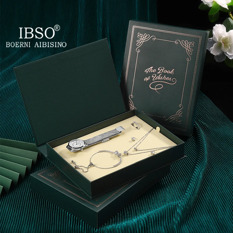 IBSO Women\'s Watch Set Green Gift Box The Book Of Wishes New Luxury Quartz Ladies Customized Retro Design Beauty United Jewelry