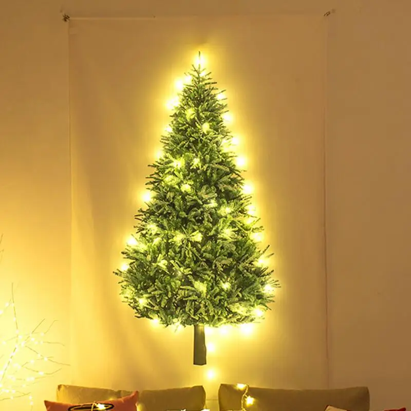 Christmas Tree Tapestry with LED Light String Star Snowflake Glowing Flannel Wall Hanging Xmas Indoor Decor Cloth Blanket 20set