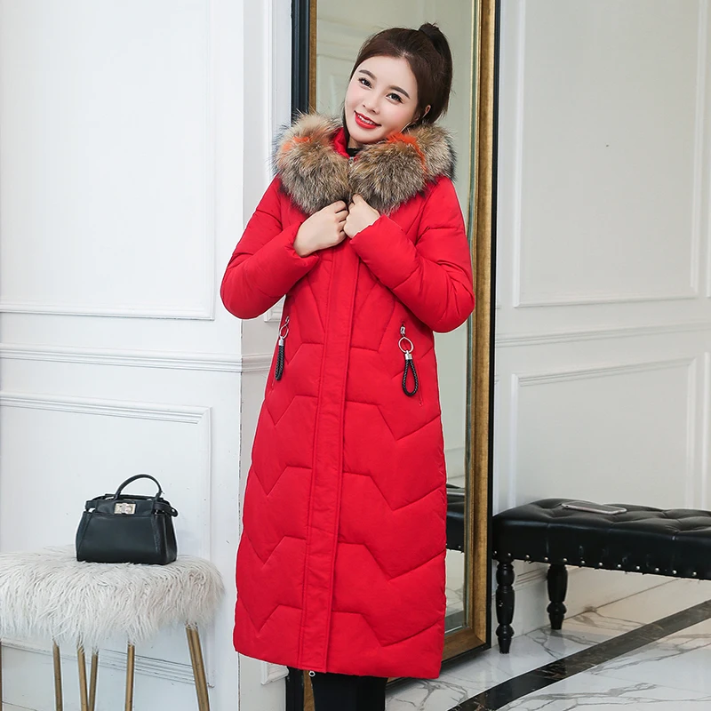 

Women's X-Long Winter Jacket Solid Hooded with Fur Plus Size Ladies Casual Thick Parkas Pockets Zipper Outerwear for Female