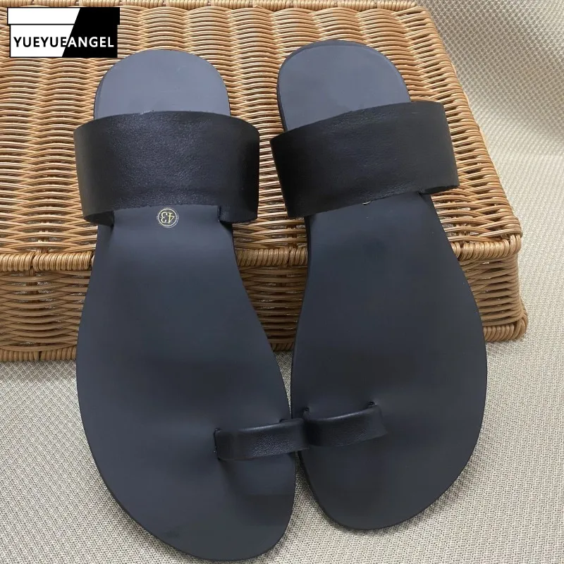 Men Outdoor Genuine Leather Slippers Summer Fashion Beach Slippers Breathable Solid Color Leisure Flip Flops Oversize 36-45