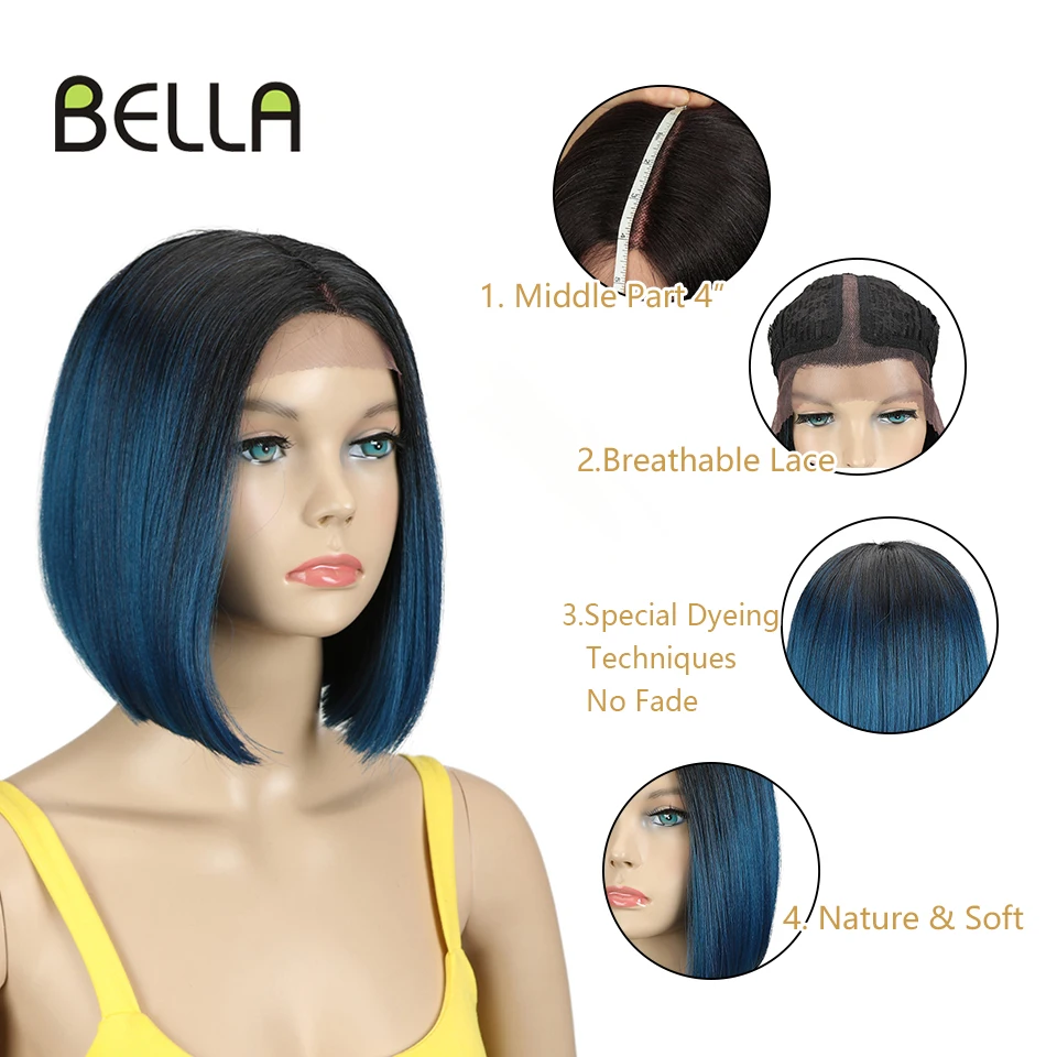 BELLA Synthetic Lace Wig Short Bob Wig Nature Color Blue Blonde Green 7 Colors Availabe 10\