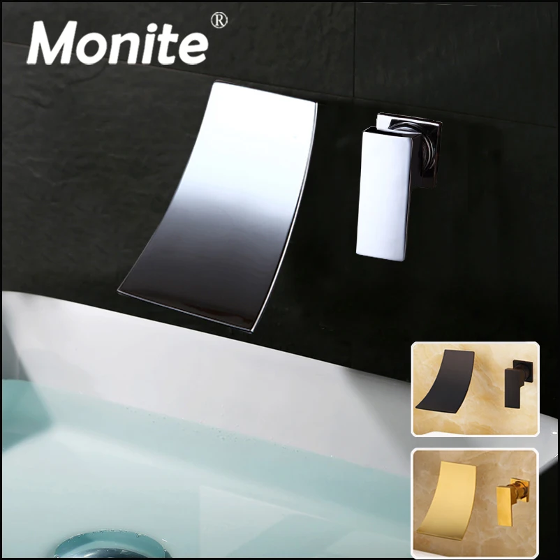 

Monite Matte Black Wall Mounted Bathtub Faucet Waterfall Spout Chrome Solid Brass Bathroom Basin Sink Faucet 1 Handle Mixer Taps