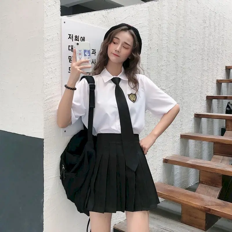 School Girl Uniform Two-piece College Style Pleated Skirt Suits Women\'s Suits Summer Loose Shirt Female Student Korean Uniform