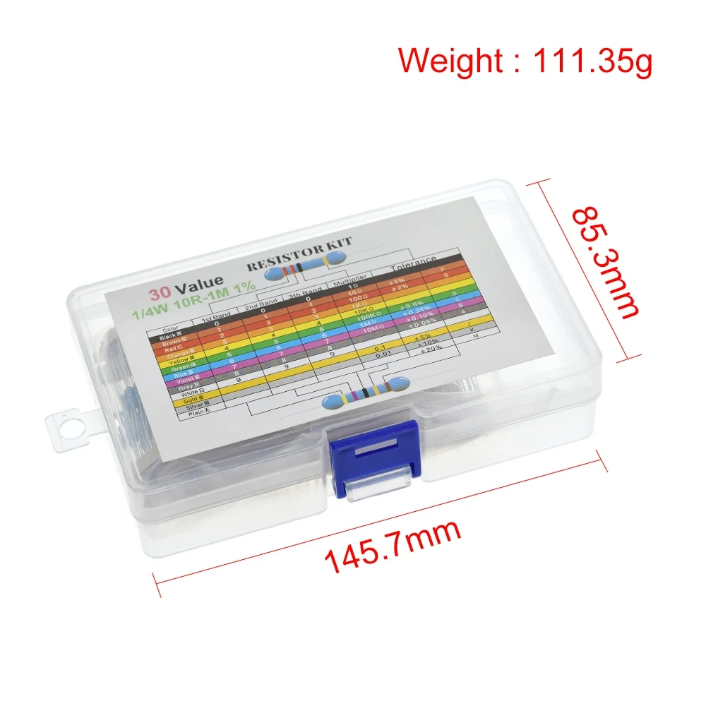 TZT 600 buah/Set 30 jenis resistansi 1/4W, Resistor Film logam 1%, Kit bermacam-macam 1K 10K 100K 220ohm 1M Resistor 300 buah/set