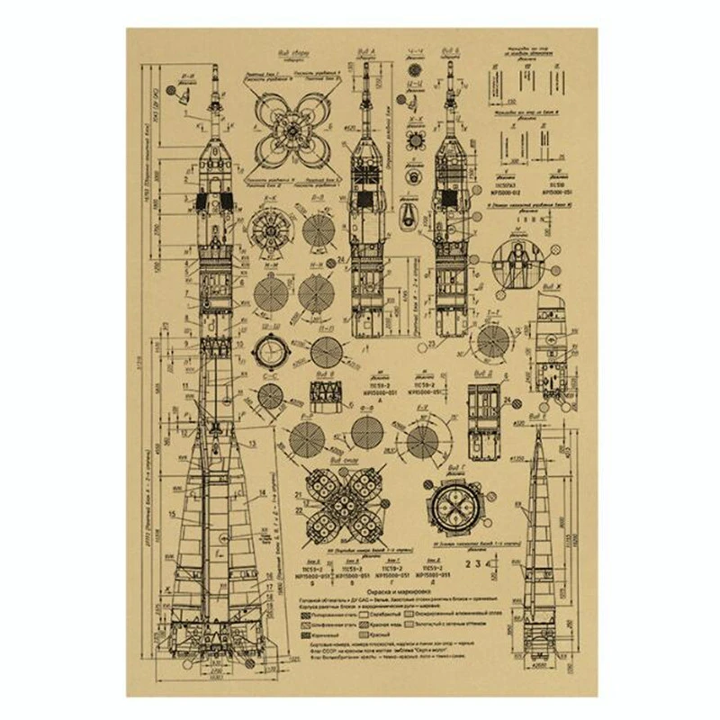 Vintage Rocket Design Drawing Poster Room Decoration Stickers Wall Decor Kraft Paper Wall Sticker Posters