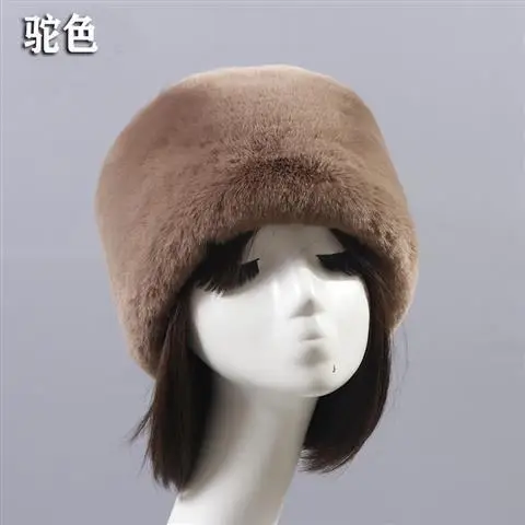 

Brown Flat Roof Fluffy Snow New Year RU Winter Plush Thick Fur Hat Faux Fox Furry Cap Head Warmer Outdoor Hats Women Girl Men