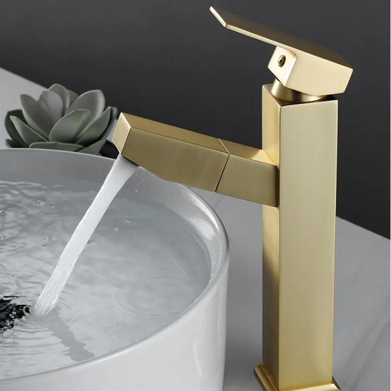 

New Basin Faucet Bathroom Pull Out Hot and Cold Square Brass Water Mixer Tap Brush gold Basin Water Sink Mixer crane