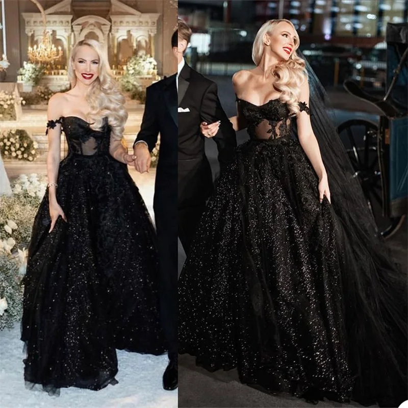 Vestidos De novia negros con lentejuelas brillantes, De línea A vestido De novia, hombros descubiertos, Apliques De encaje, túnicas personalizadas De playa