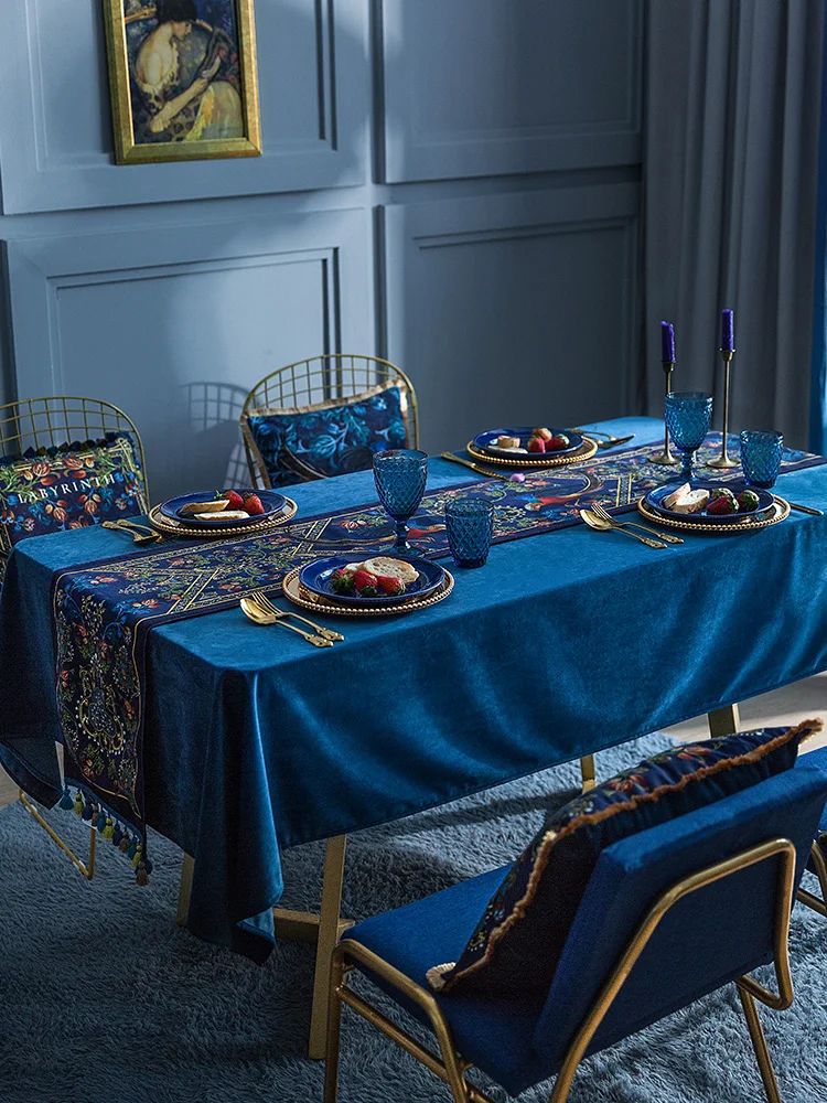 Deluxe Velvet Table Runner with Tassel, Royal Blue, Red Birds, Vintage Tapestry, Kitchen Dining Dinner Cloth, Rectangle