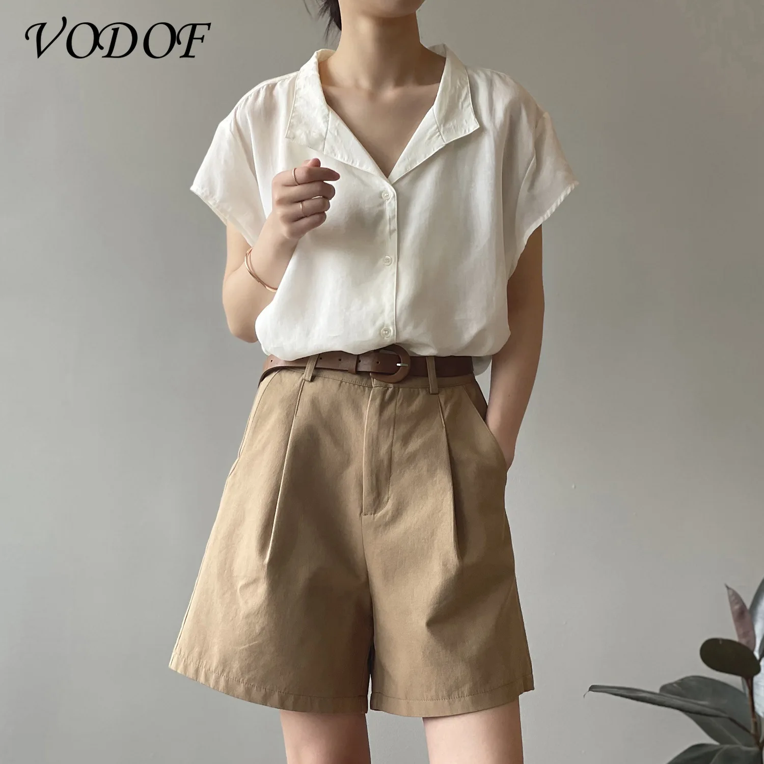 Vodof Dames Zomer Nieuwe Wijde Pijpen Shorts Elastische Hoge Taille Knop Losse Vrouwelijke Effen Kleur Broek Toevallige 2021