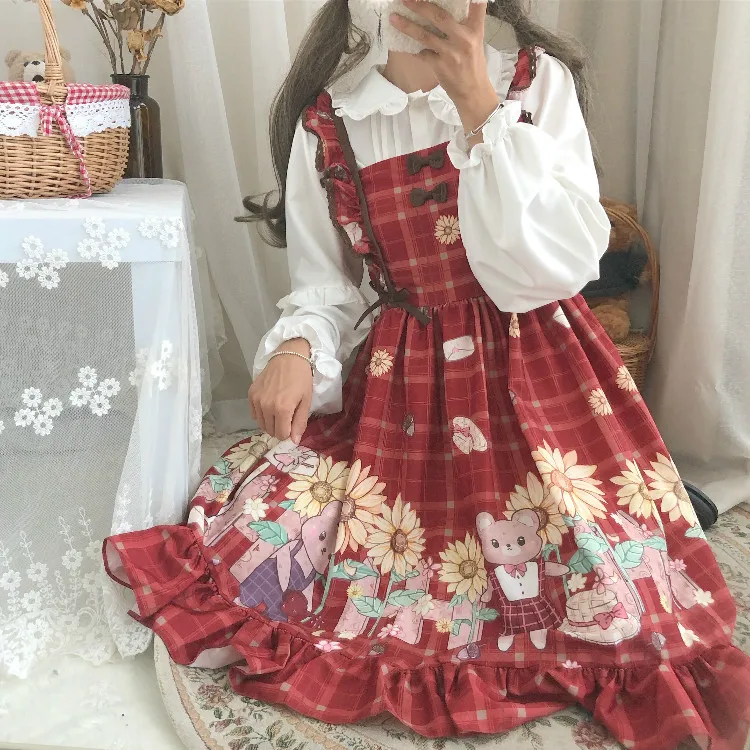 Kawaii Light Lolita dress giapponese Soft Girl Wind Cute Bear Girl Sling dolce abito senza maniche a vita alta