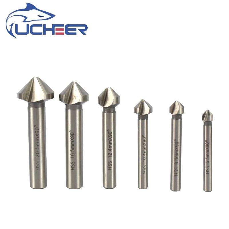 UCHEER 6pcs 90 Degree HSS Chamfer Cutter 6.3-20.5mm 3Flute Chamfer Drill Bit Set Countersink Drill Bit