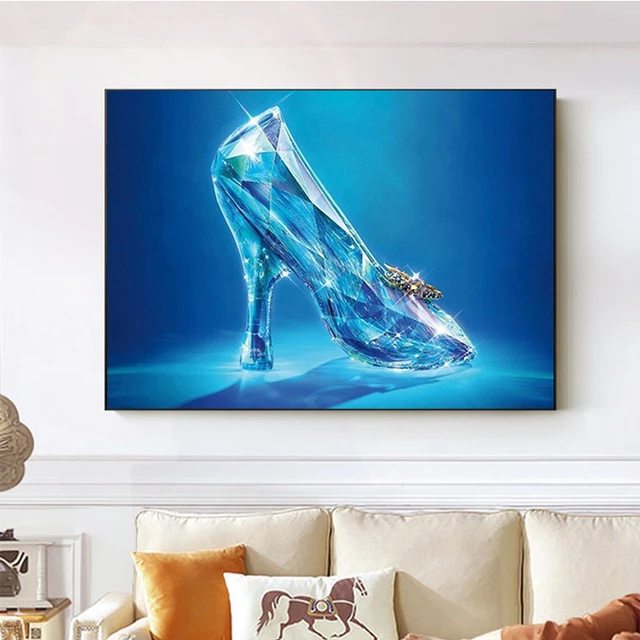 Disney Princess Cinderella s Glass Slipper Canvas Painting Wall Art Blue Crystal High Heel Shoe Poster For Living Room Decor AliExpress