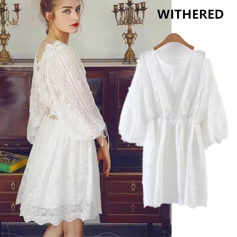 

Dave&Di summer dress vestidos vintage white batwing sleeve lace hollow out on back collect waist party dresses women