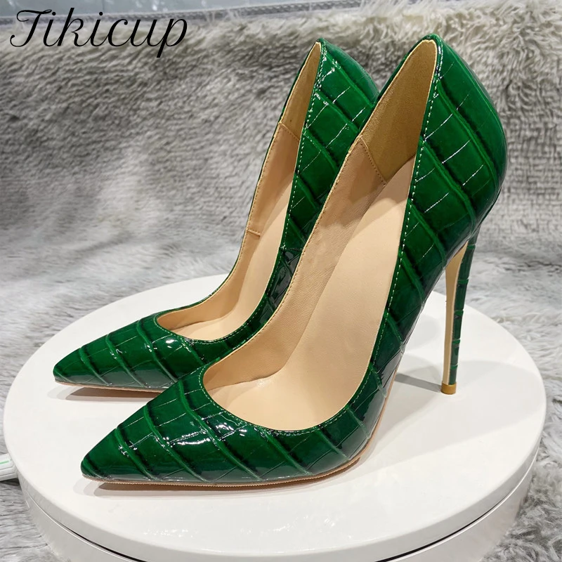 Tikicup Green Crocodile Effect Women Pointy Toe High Heels 8cm 10cm 12cm Customize Ladies Sexy Stiletto Pumps Club Party Shoes