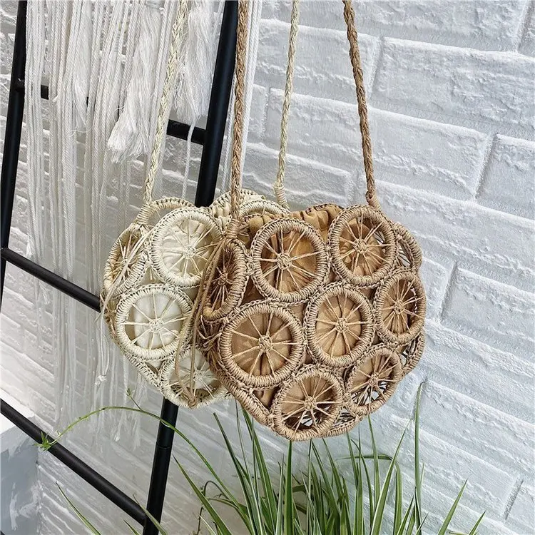 Moda rattan hollow yuvarlak saman torbaları hasır dokuma kadın çanta yaz plaj omuz crossbody çanta casual lady bali cüzdanlar