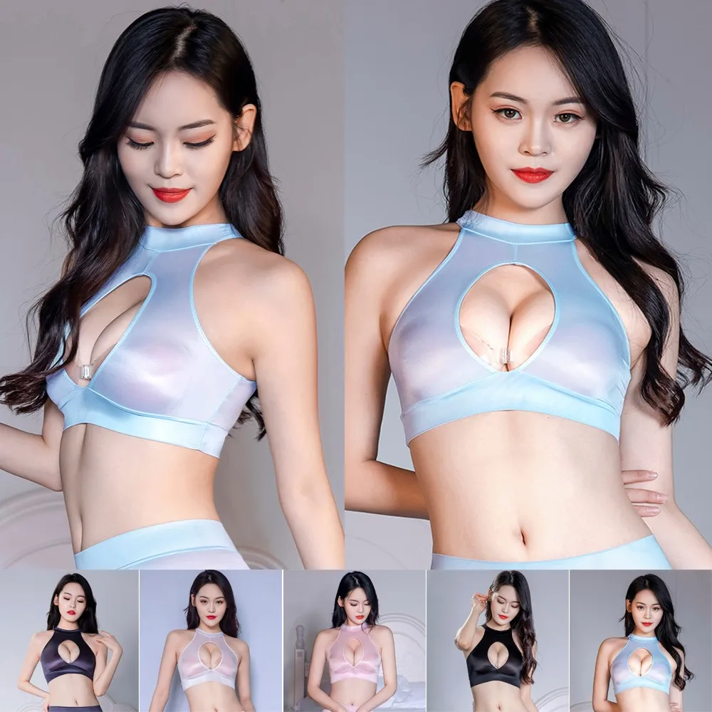

Bras See-Through Shiny Glossy Top Womens Sheer Halter Crop Bralette Tops Tank Vest Underwear Seamless Bra Breathable Lingerie