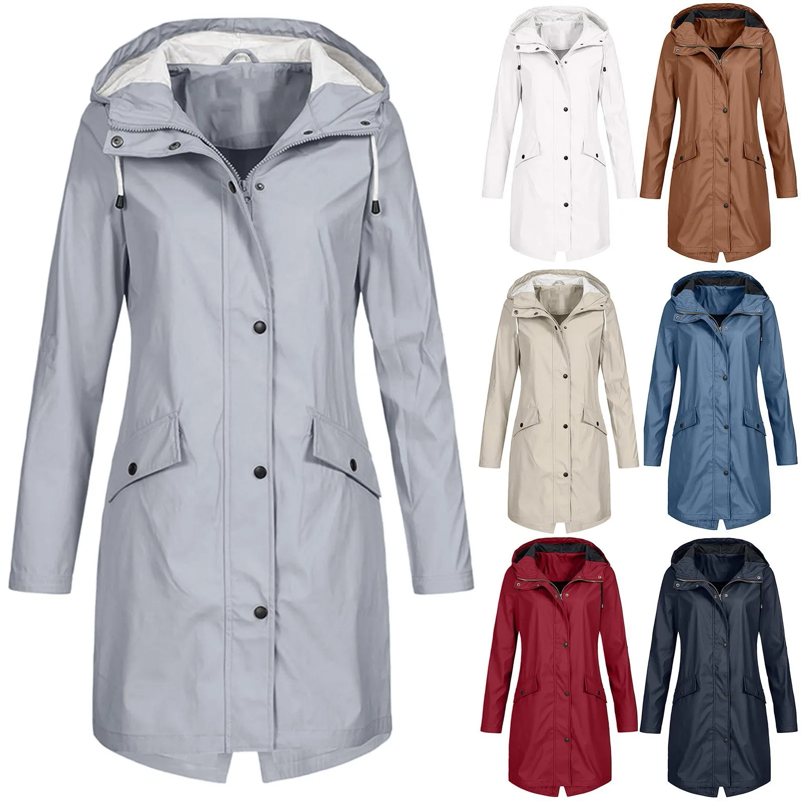 Fashion Women Hooded Trench Coat Casual Lady Waterproof Windproof Long Jacket Buttons Zipper Coats Female Long Sleeve Outerwear