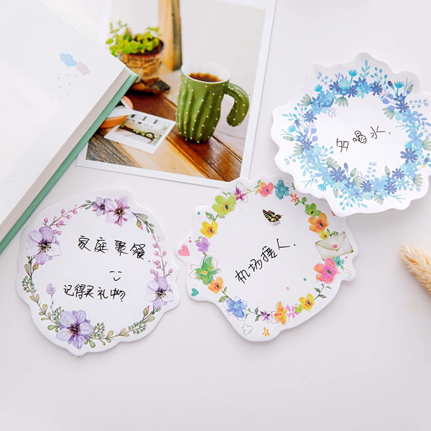 Beautiful Wreath Series Self-adhesive Sticky Note Writing Pads Paper Stickers, 30 Sheets, Planner Notepad for Home Office