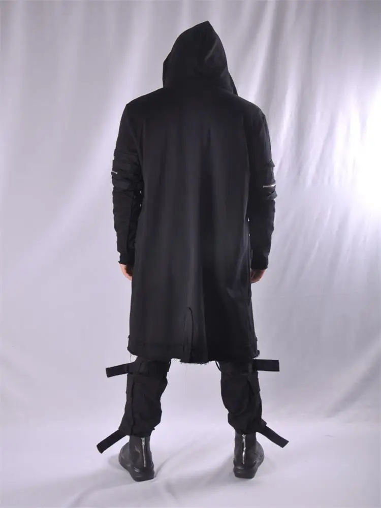 Men's Long Trench Coat Autumn/Winter New Product Dark Double Hooded Zipper Stitching Design Knee-Length Robe Elf Cape Coat