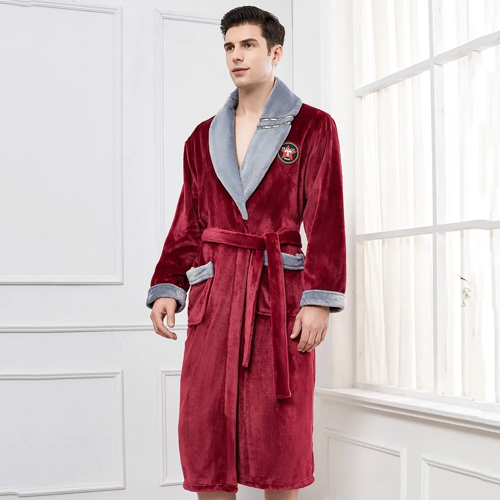 Winter Thicken Warm Nightwear Flannel Men Robe Kimono Bath Gown Coral Fleece Nightgown Casual Loose Home Clothes Plus Size 3XL