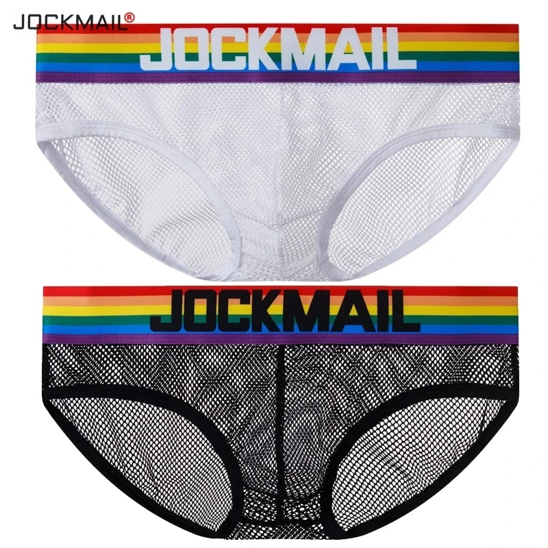 Jockmail Gay Underwear Men Briefs Sexy Transparent Mesh Underpant Rainbow colors , Breathable Shorts calzoncillos hombre slip