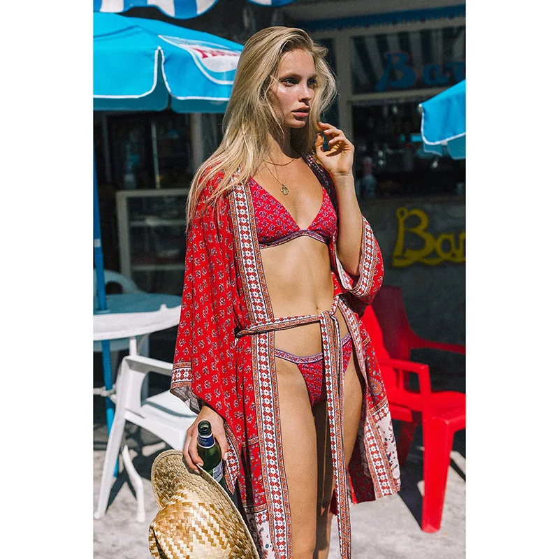 Bohemian Printed Bikini Cover-ups Beach Dress Long Kimono Cardigan Women Beach Wear Swim Suit Cover Up Pareos