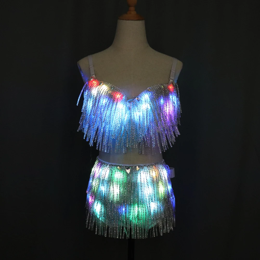 LED Clothes Glowing Bra Shorts Fashion Luminous Suits Belt Show Women Reflective Face Tasseled Bra Belly Dancer Dress Accessorie