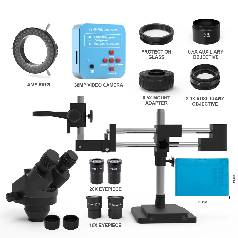 3.5X -180X Simul-Focal Double Boom Stand Trinocular Stereo Zoom 38MP 2K HDMI USB Camera Adjustable Light Microscope