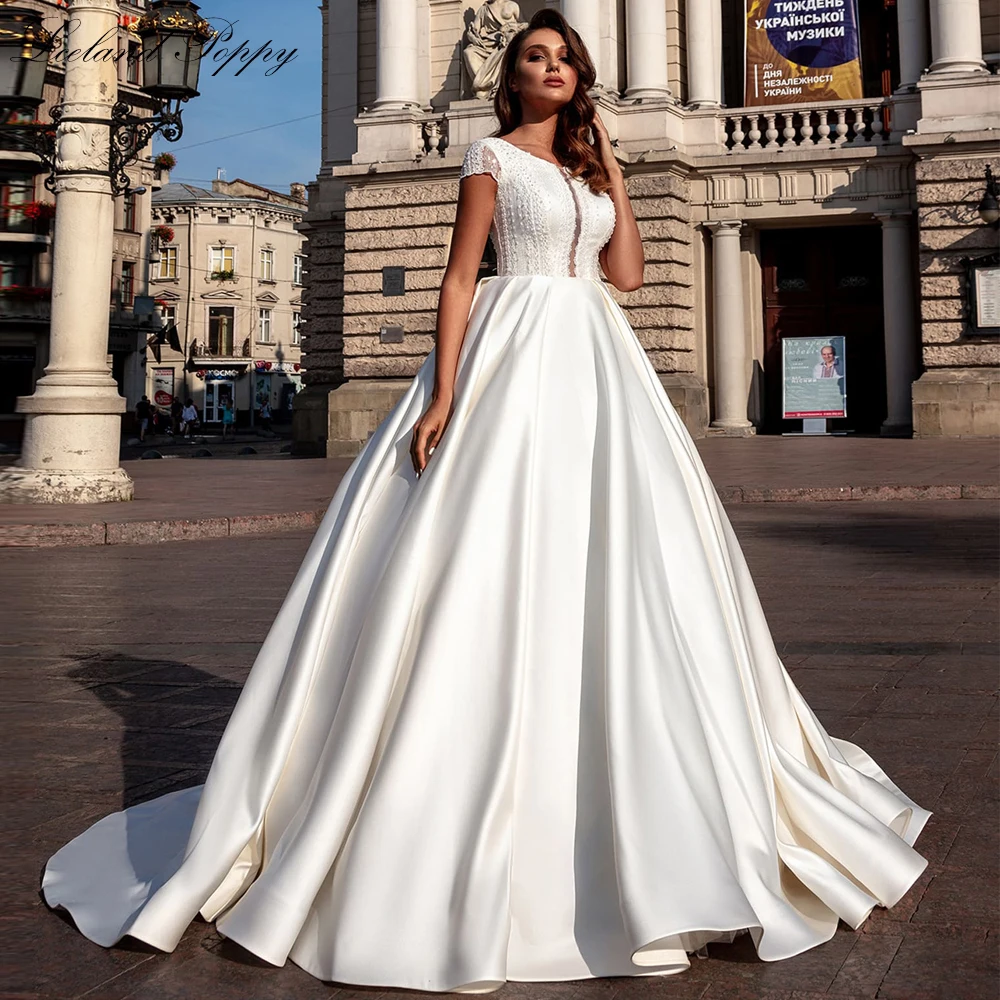 Lceland Poppy Customized A-line Scoop Neck Satin Wedding Dresses Short Sleeves Beaded Lace Bridal Gowns