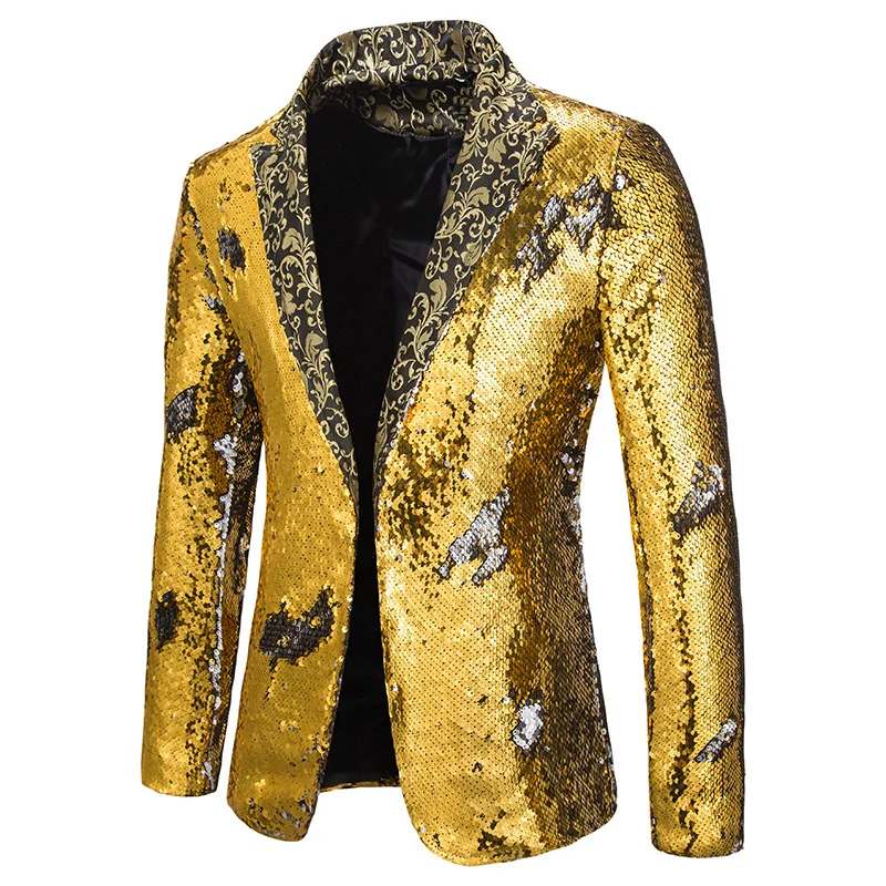 

Luxury Gold Sequin Glitter Jacket Men Slim Fit Notched Lapel Blazer Jacket Mens Nightclub Stage Singers Blazers Costume Homme