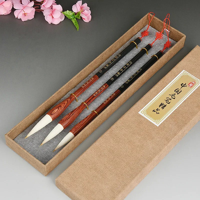 

3pcs Chinese Brushes Set Huzhou Multiple Hair Calligraphy Pen Chinese Landscape Birds Painting Writing Brushes with Gift Box